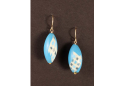 Turquoise vesica earrings with glow-in-the-dark harlequin squares