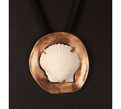 Scallop shell on copper disc