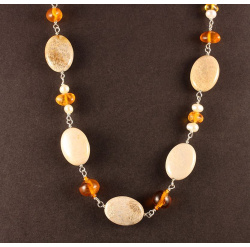 Fossil Coral, Amber and Pearl Chain Necklace