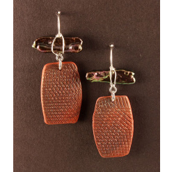 Red textured tab earrings with Raven Biwa Pearl