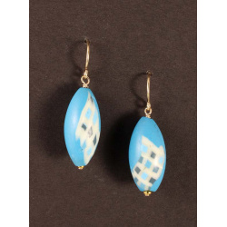 Turquoise vesica earrings with glow-in-the-dark harlequin squares