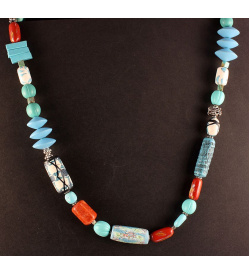 Artisan Turquoise Polymer Bead Necklace with Coral