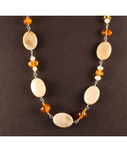 Fossil Coral, Amber and Pearl Chain Necklace