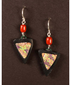 Small shield earrings in purple, gold and apple green