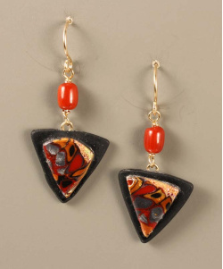 Small retro squares shield earrings in red, black, gold and silver