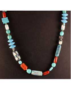 Artisan Turquoise Polymer Bead Necklace with Coral