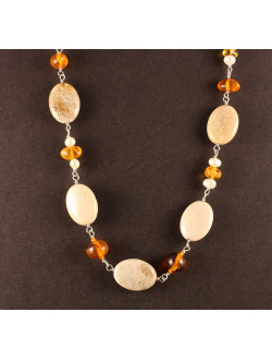 Fossil Coral, Amber and Pearl Chain Necklace
