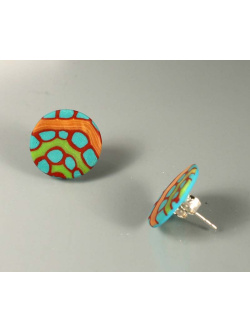 Turquoise and red disc post earrings