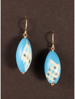 Turquoise vesica earrings with glow-in-the-dark harlequin squares